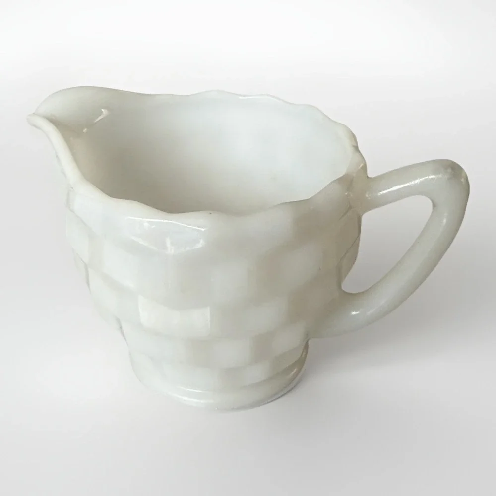 Anchor Hocking Milk Glass Creamer Cube Cut‎ Farmhouse Decor Cottagecore Vintage
